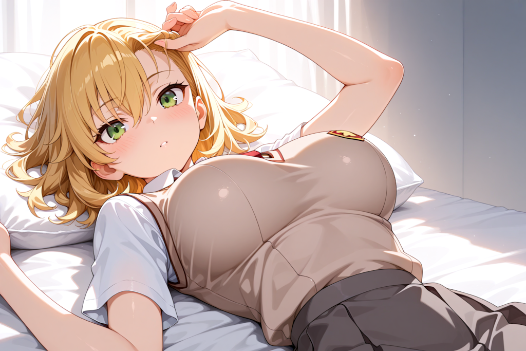 ベッドの上で制服コス