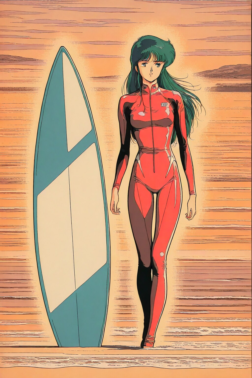 夕陽を背景にしたサーフガール