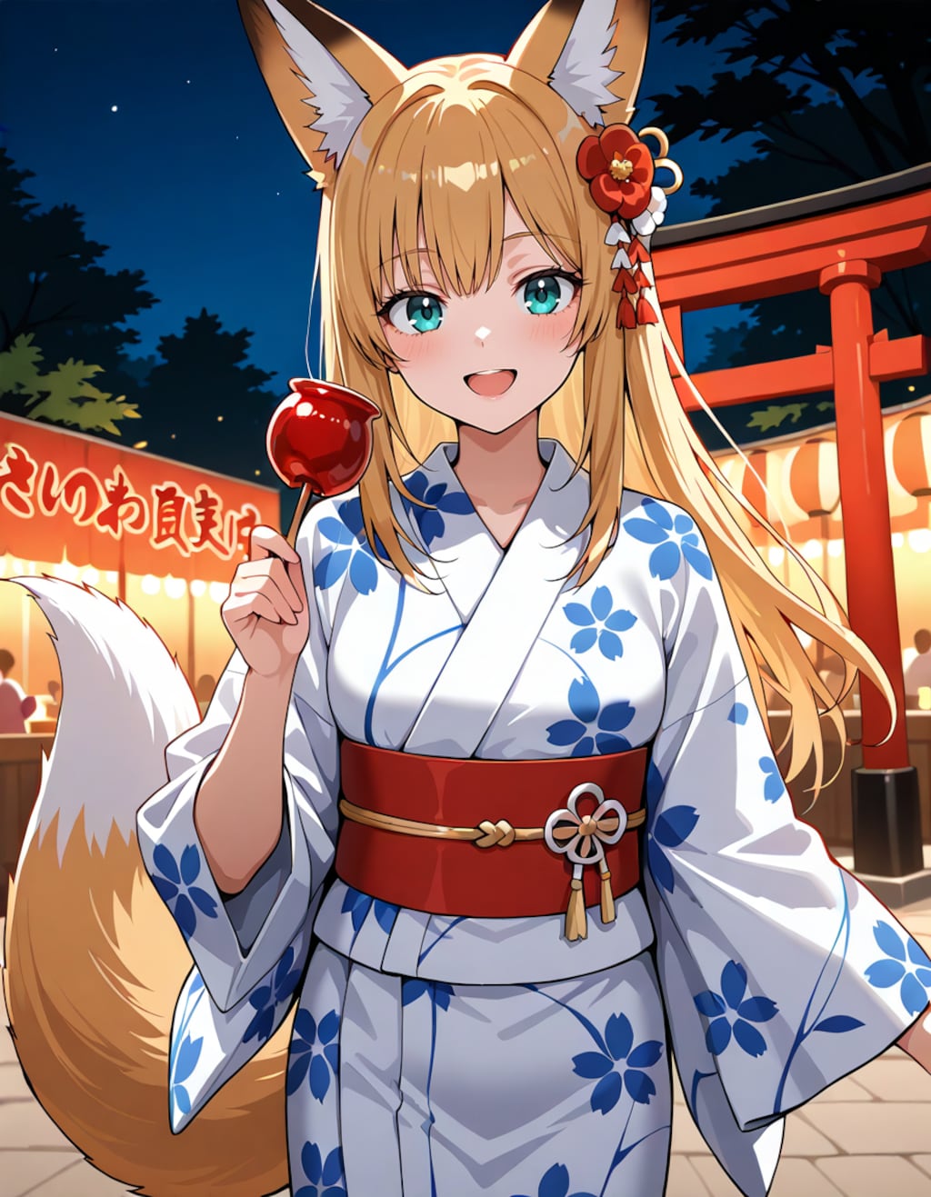 宵の灯、キツネ娘の微笑み