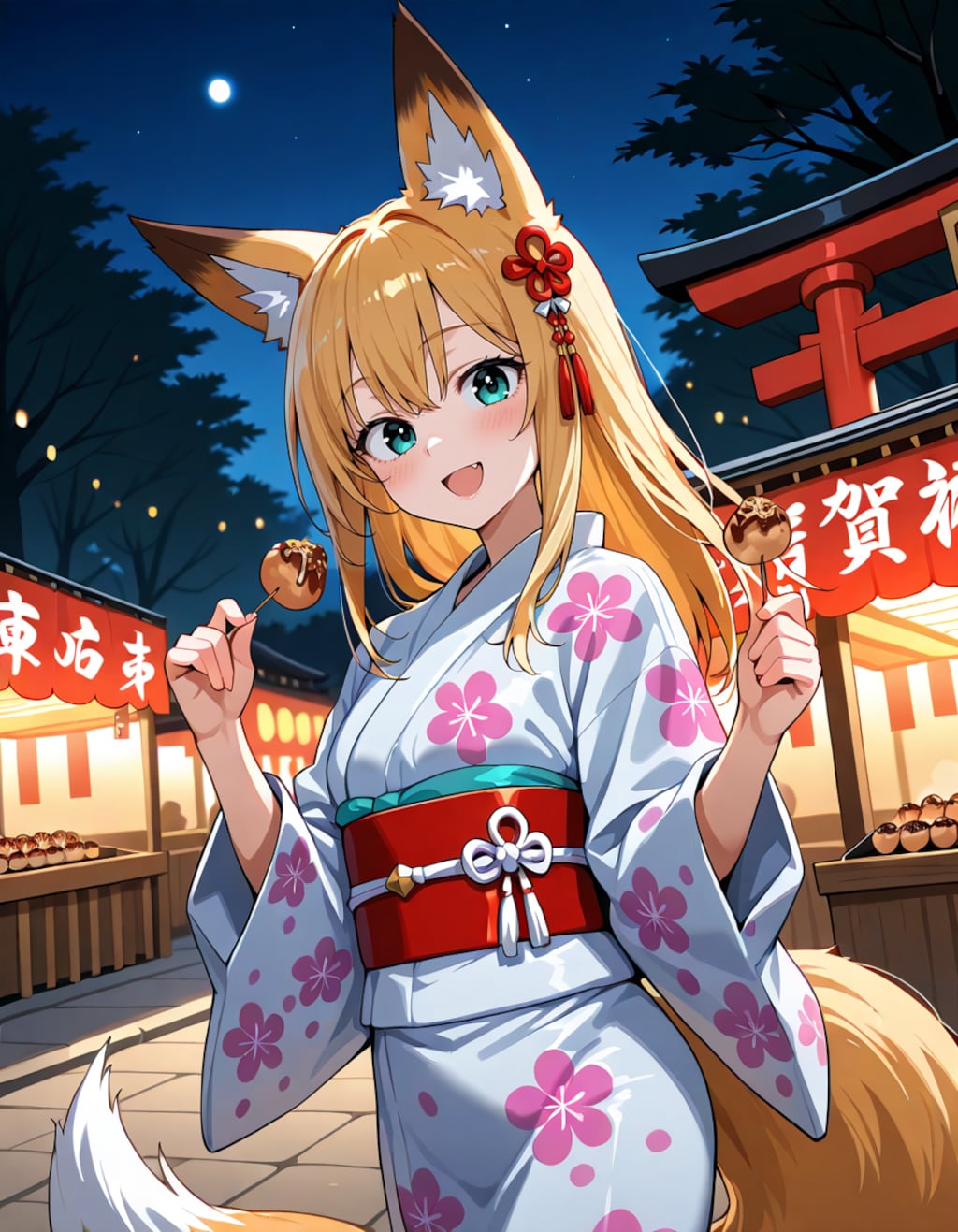 宵の灯、キツネ娘の微笑み