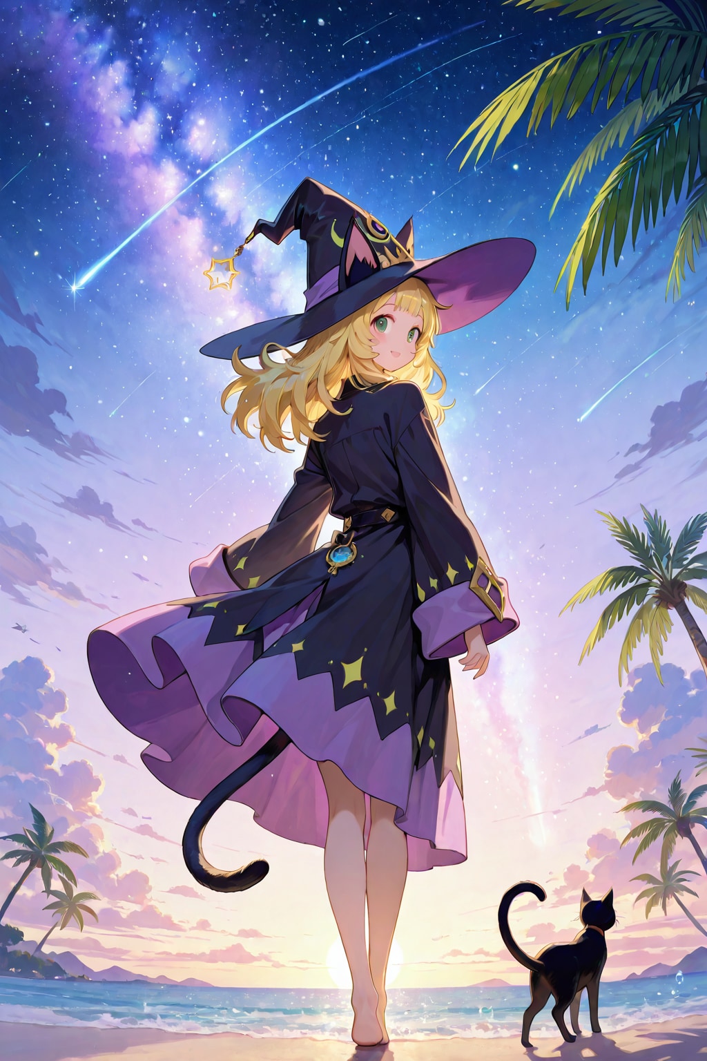 砂浜の猫魔女と黒猫