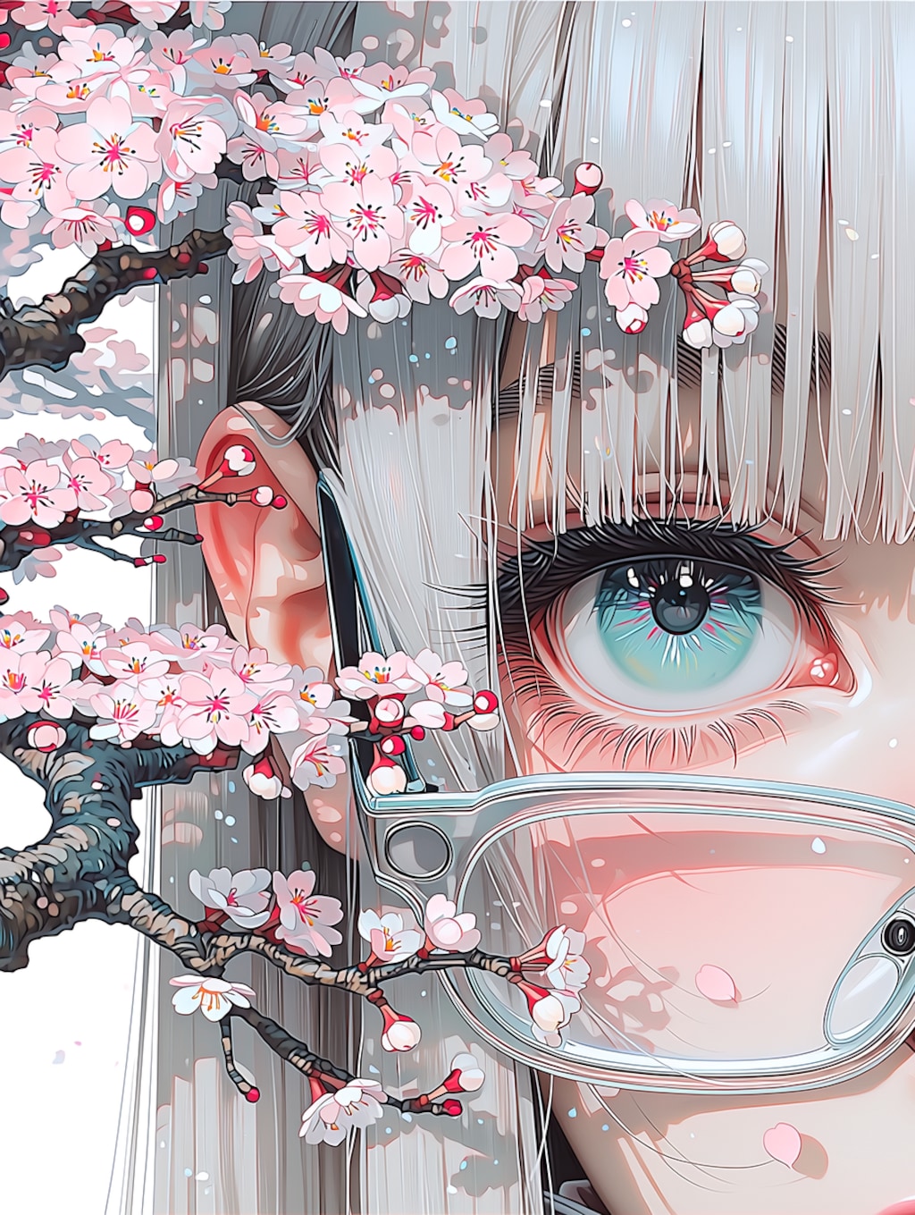 瞳に映る桜 舞い散る、桜盆栽