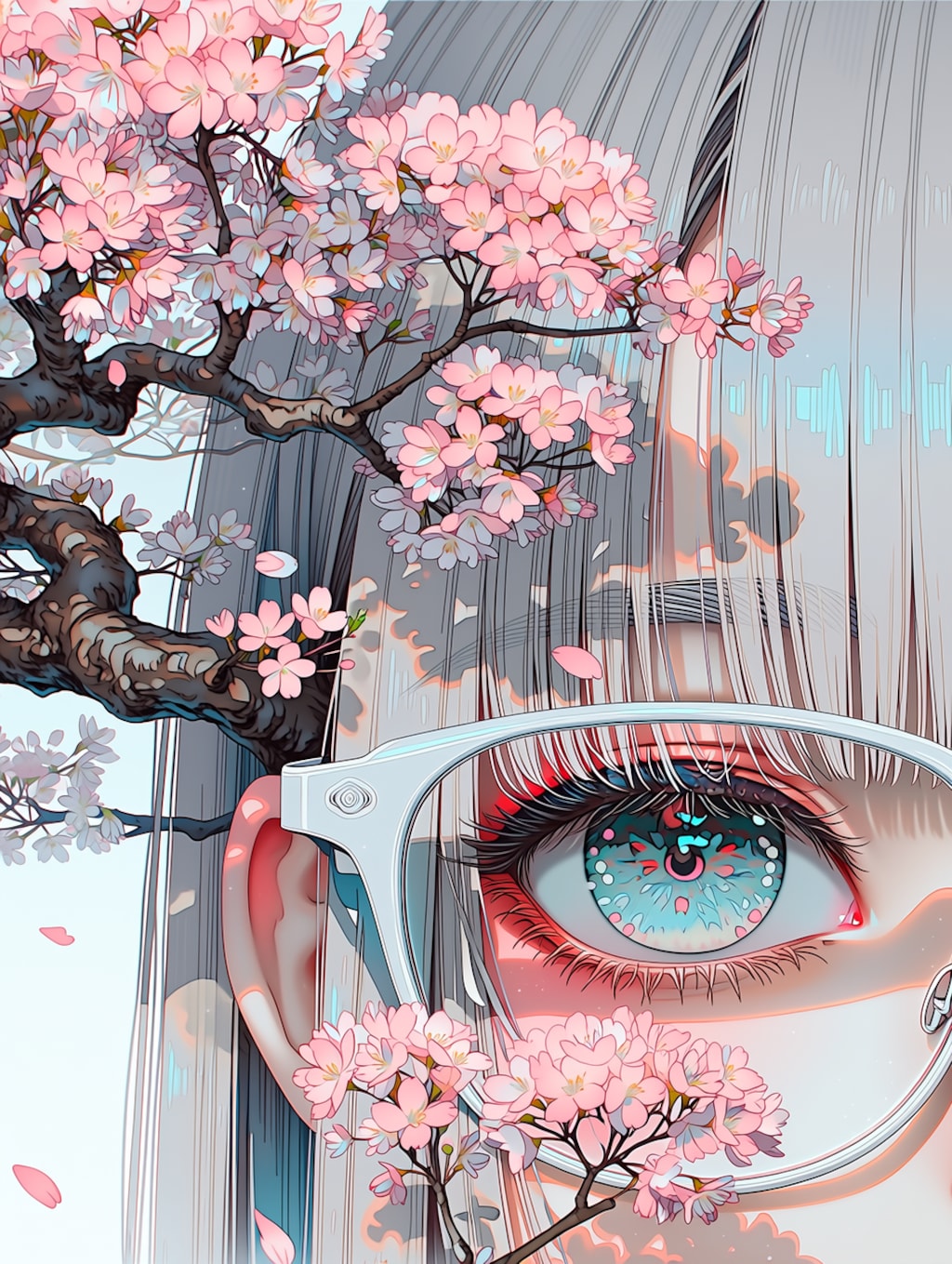 瞳に映る桜 舞い散る、桜盆栽