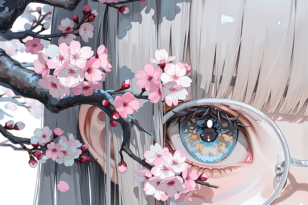 瞳に映る桜 舞い散る、桜盆栽