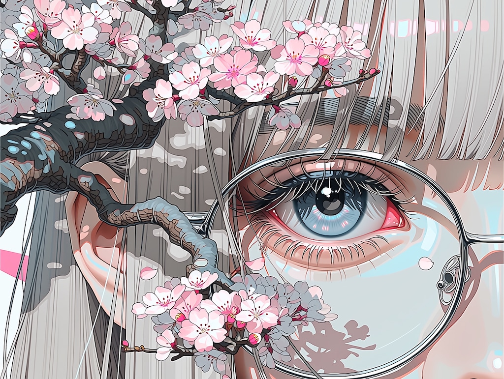 瞳に映る桜 舞い散る、桜盆栽