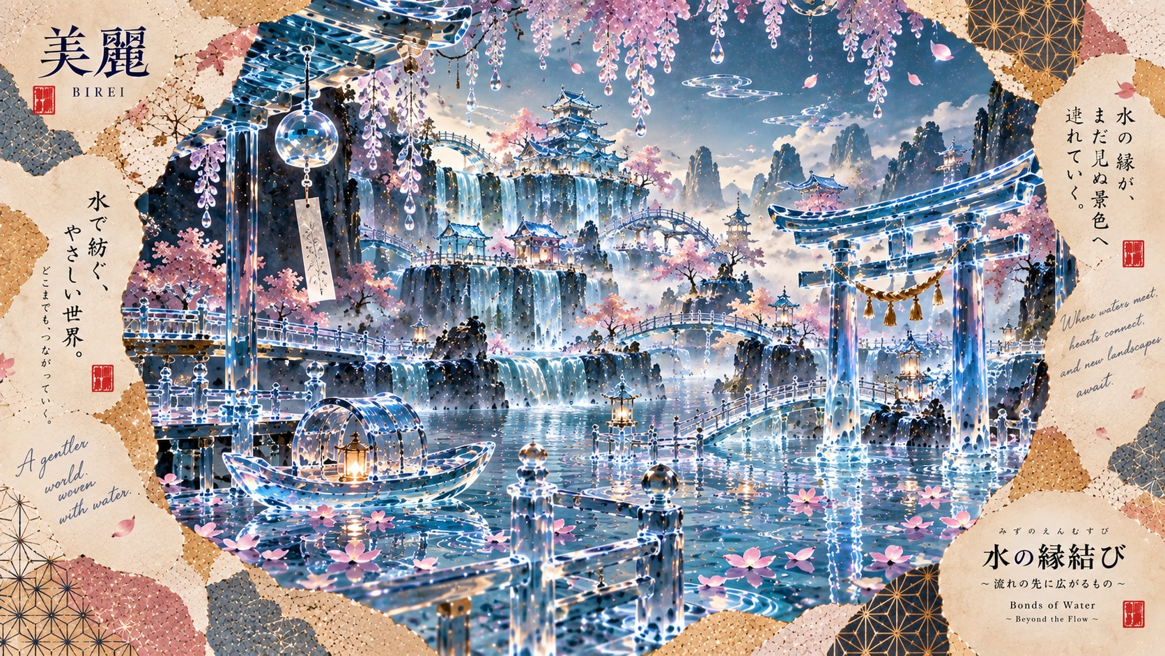 Bonds of Water — Beyond the Flow  A gentler world, woven with water.  Beneath wisteria that sparkles | の人気AIイラスト・グラビア