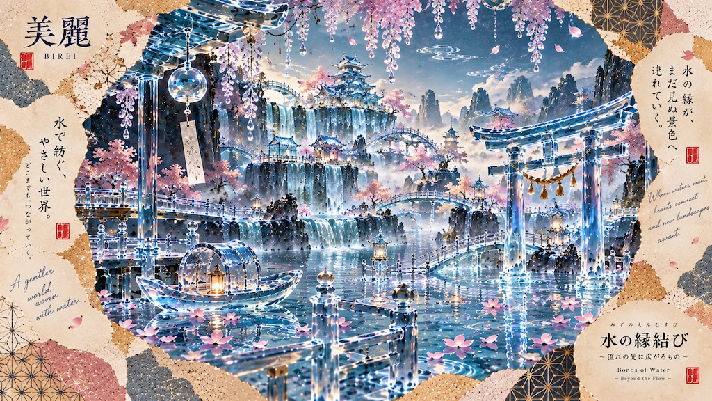 Bonds of Water — Beyond the Flow  A gentler world, woven with water.  Beneath wisteria that sparkles