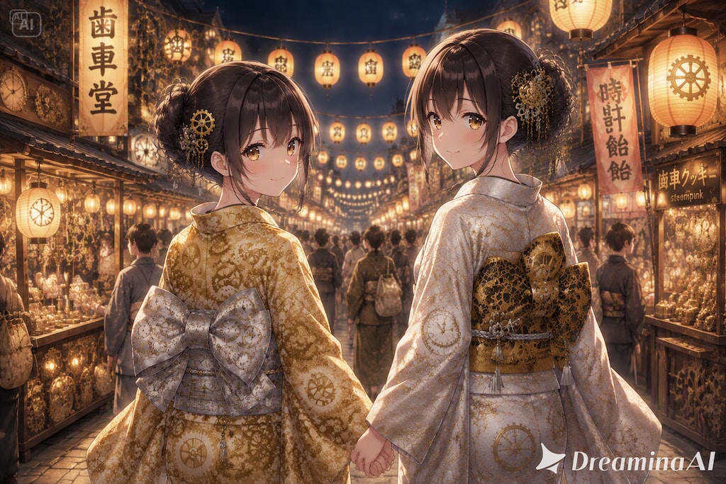謎柄振袖と浴衣と商店街のお祭
