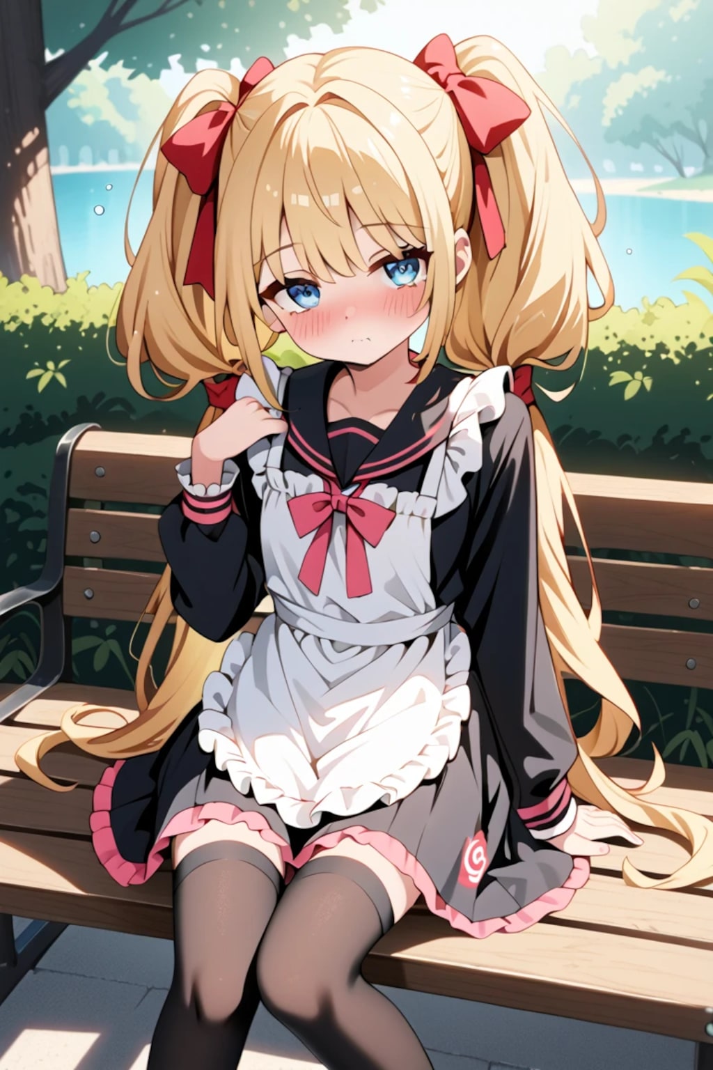 「えっ…！？」金髪ツインテメイド莉奈のベンチで照れ顔♡ 黒ニーハイがかわいい///🌸