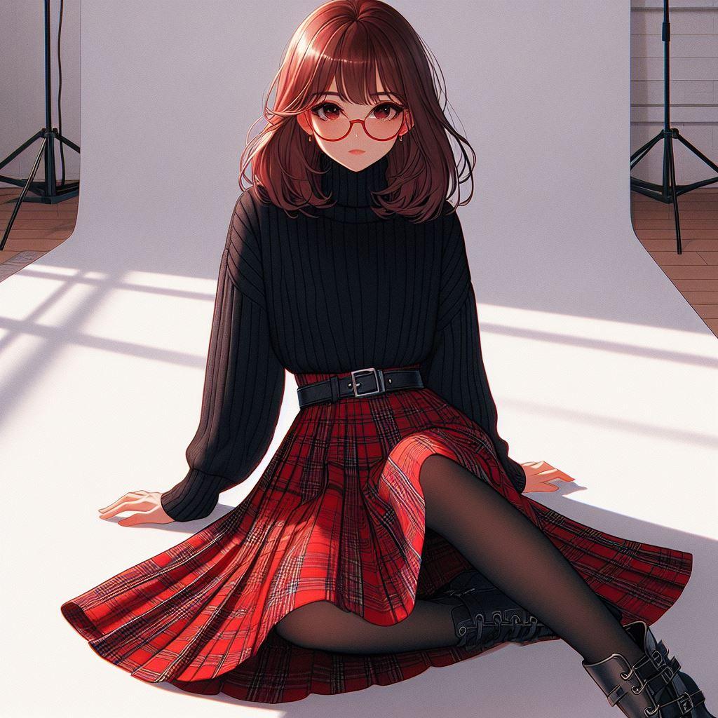黒のタートルネックと赤いチェックのスカート