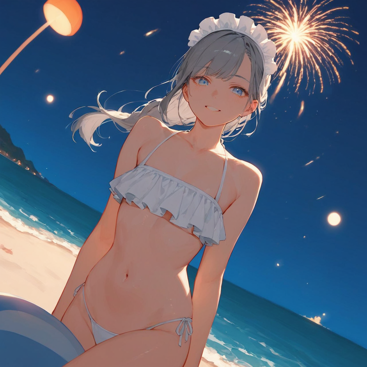 花火と水着とメイドさん