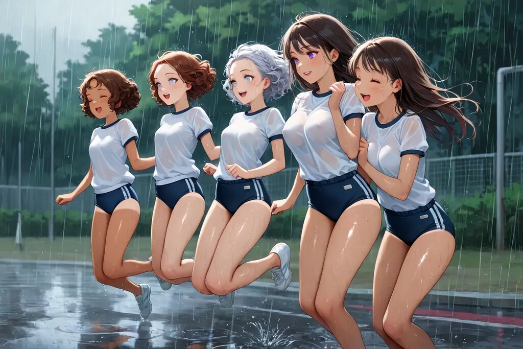 突然の雨が女子を濡らす