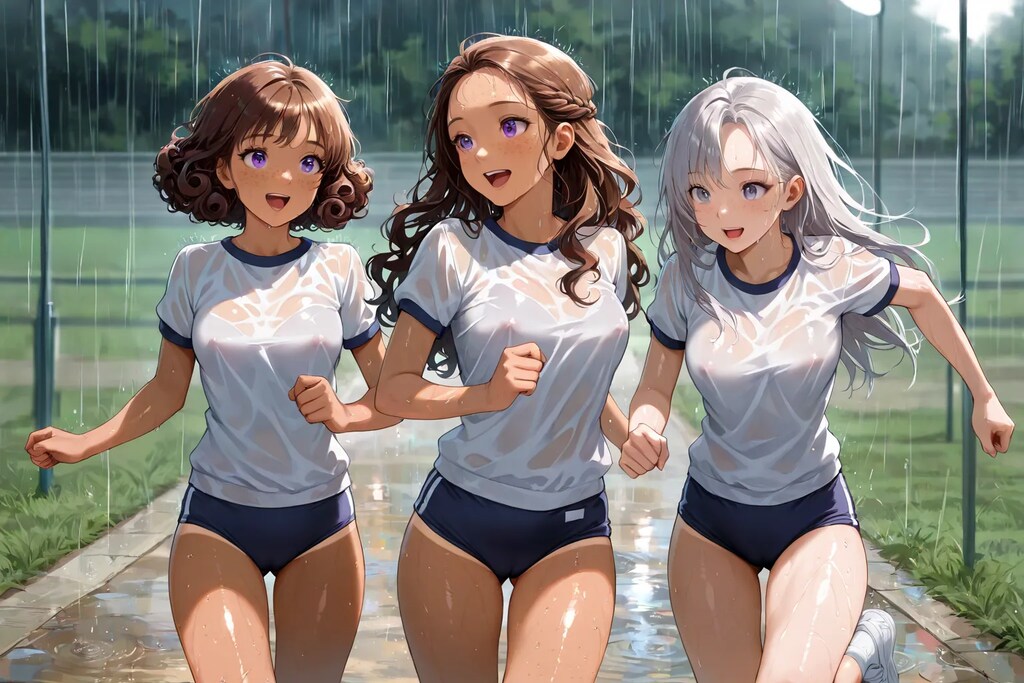 突然の雨が女子を濡らす