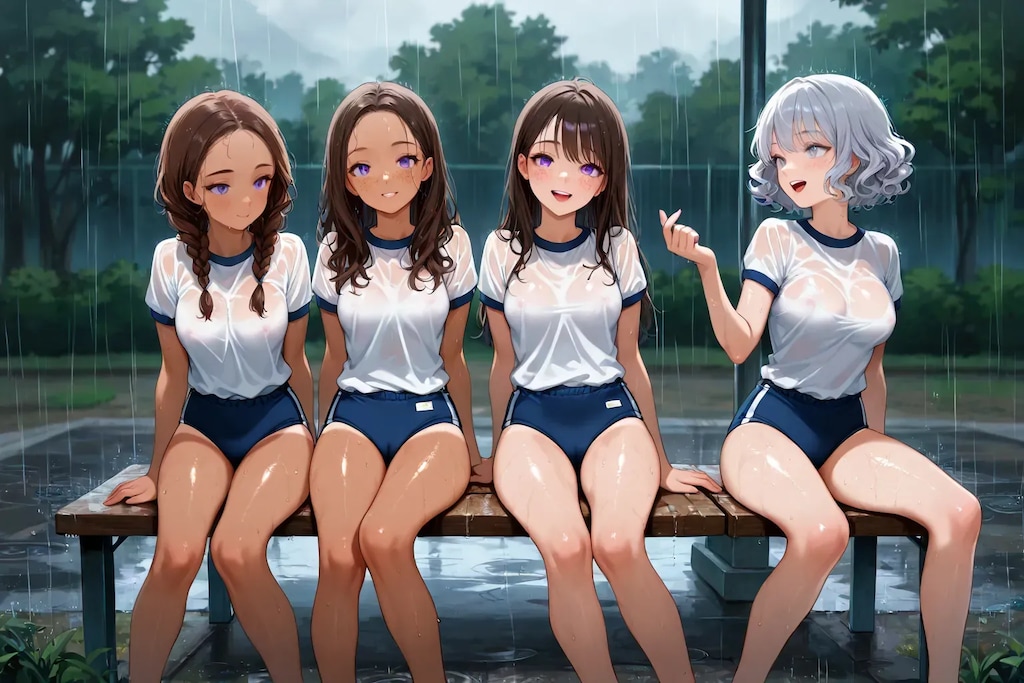 突然の雨が女子を濡らす