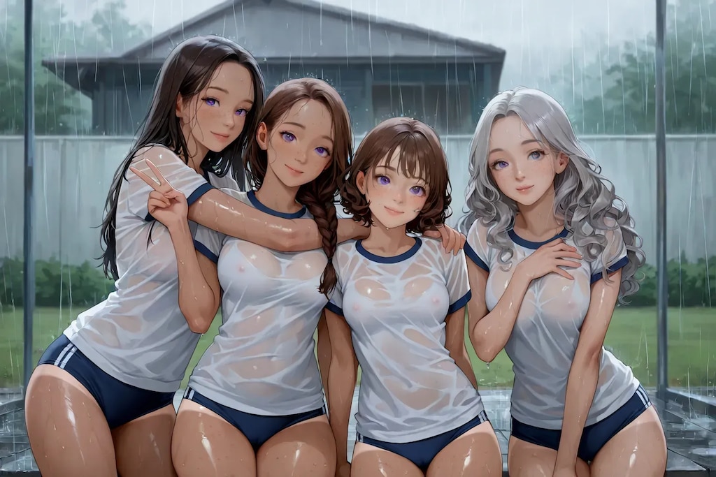 突然の雨が女子を濡らす