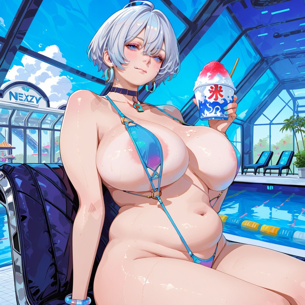 プールでかき氷を食べているちょいぽちゃエロ姉ちゃん