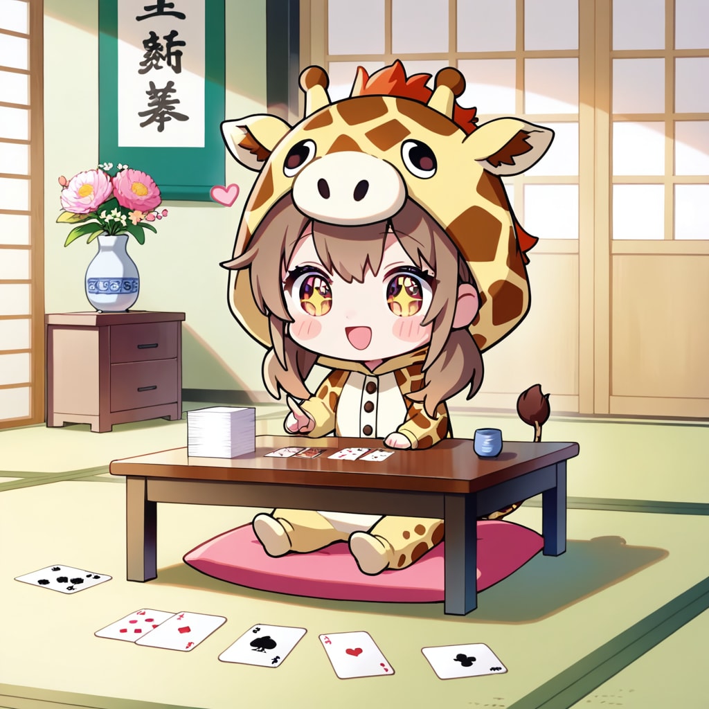 カード遊びするキリン着ぐるみちび子ちゃん