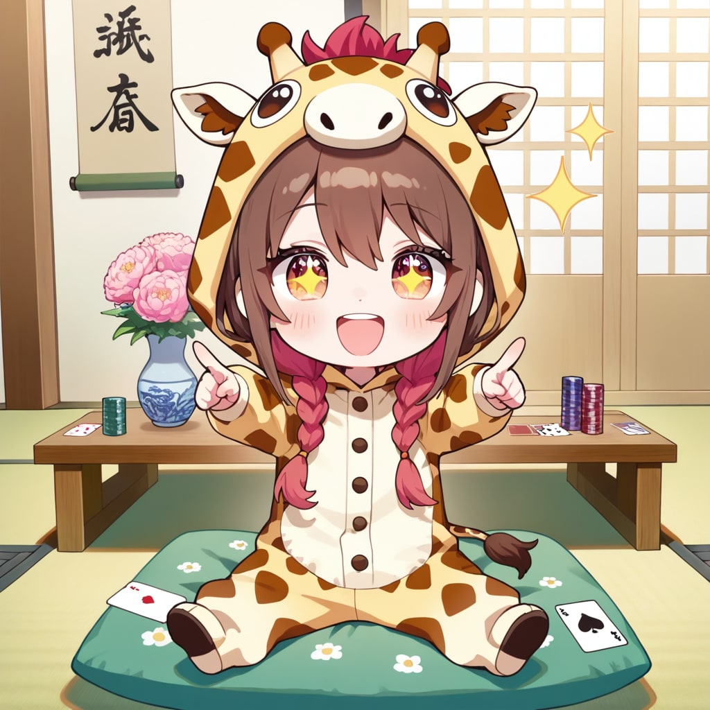 カード遊びするキリン着ぐるみちび子ちゃん | の人気AIイラスト・グラビア
