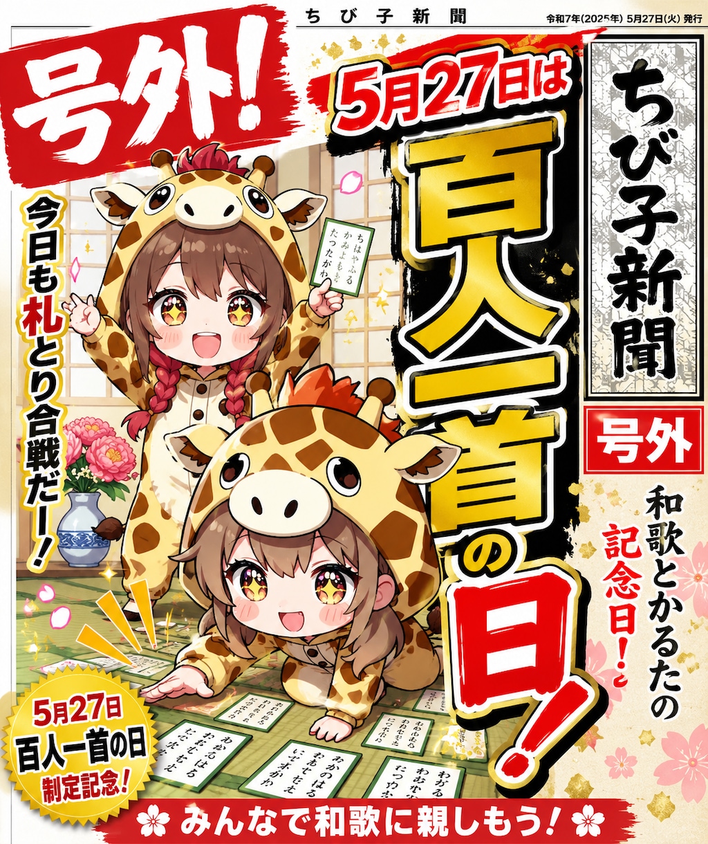 カード遊びするキリン着ぐるみちび子ちゃん