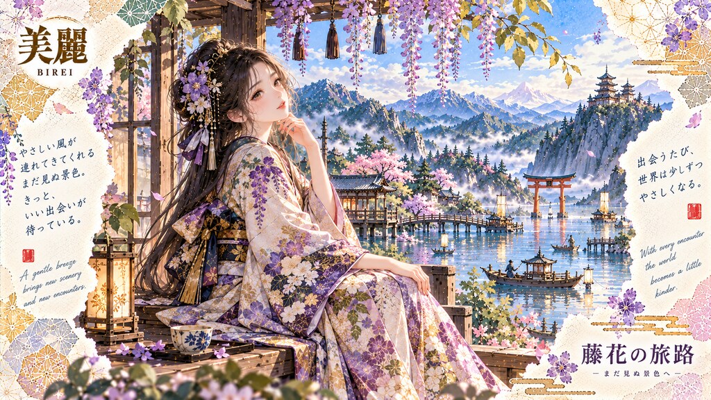 Resting beneath cascading wisteria, watching boats drift past a torii on the lake.  A gentle breeze