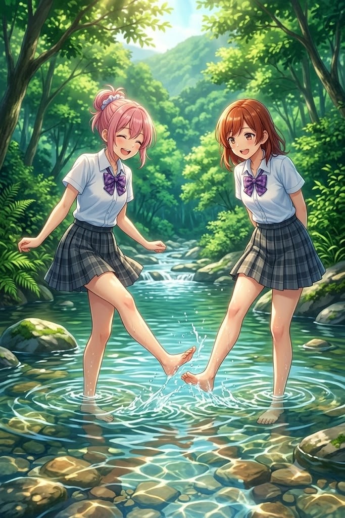 川で遊ぶJK