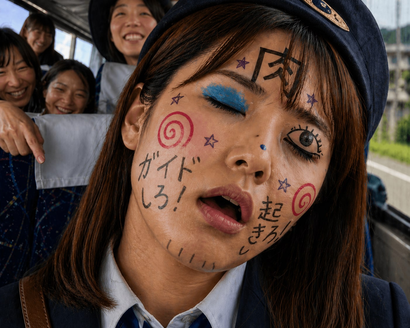 寝てるバスガイドに独創的なメイクアップ その４