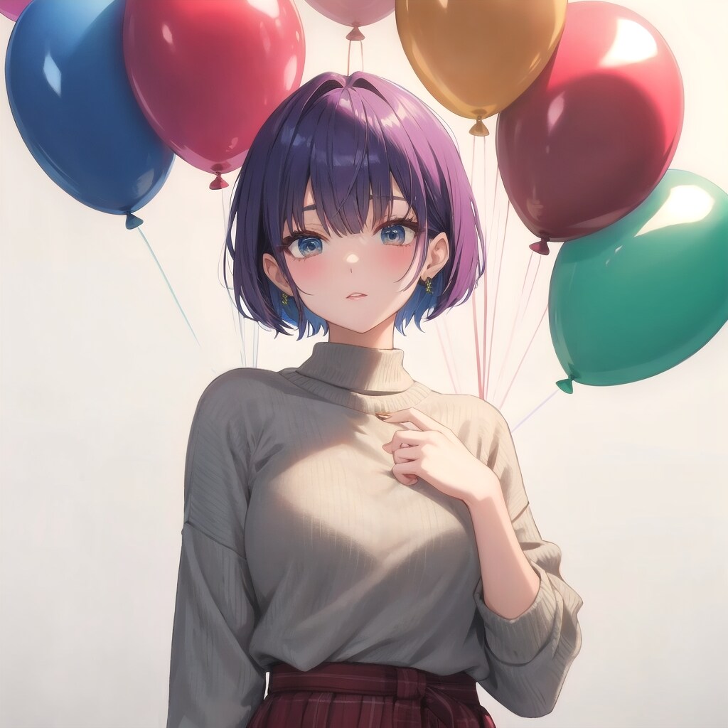 いっぱい風船を持つ紫髪ショートカットのニット服着た美女。 | の人気AIイラスト・グラビア