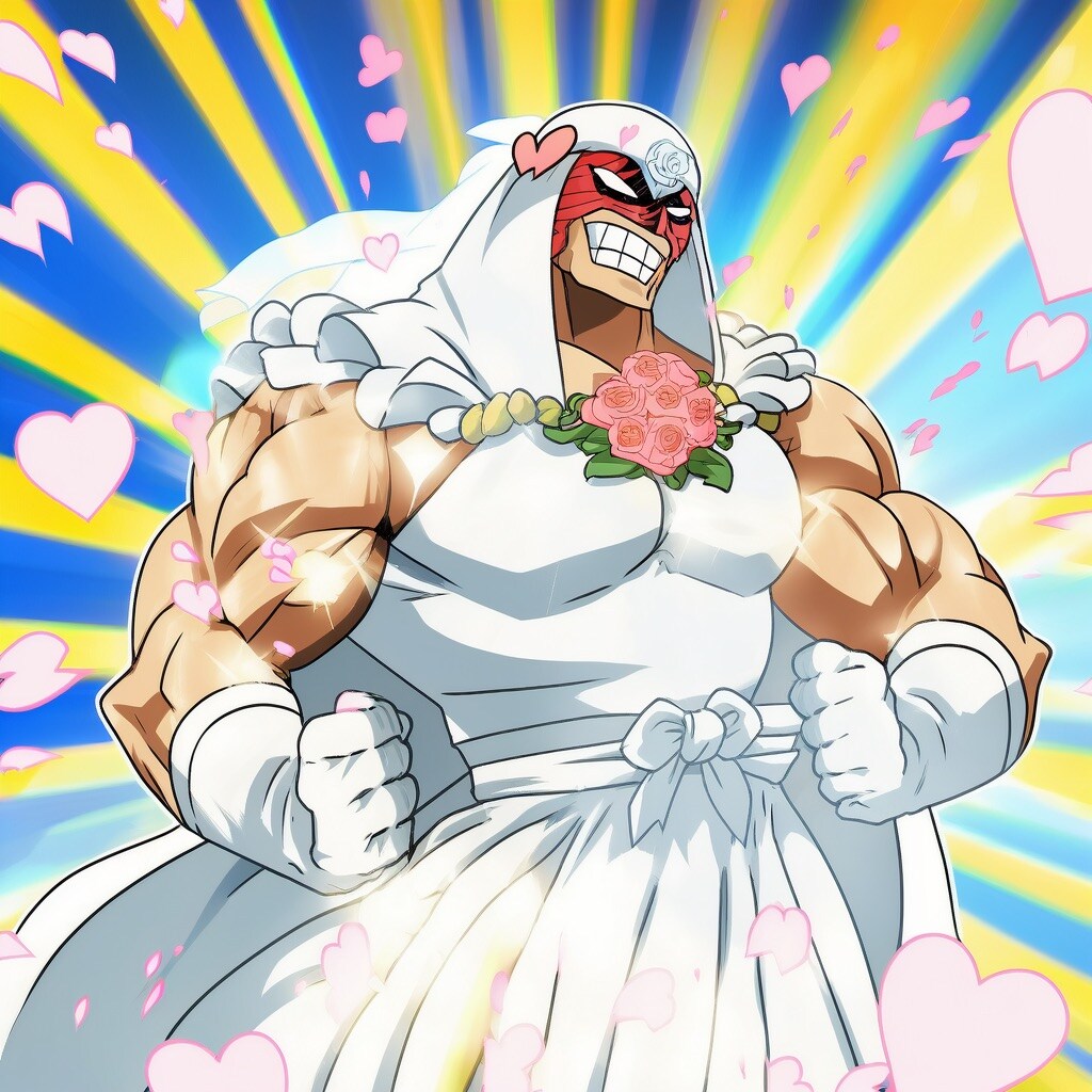 「ウェディングドレスを着たキン肉マンのキャラ」