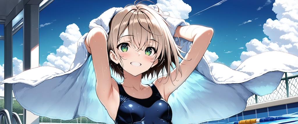 プール授業の前にバスタオルで遊んではしゃぐ ゆうきちゃん