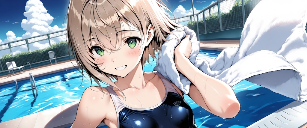 プール授業の前にバスタオルで遊んではしゃぐ ゆうきちゃん