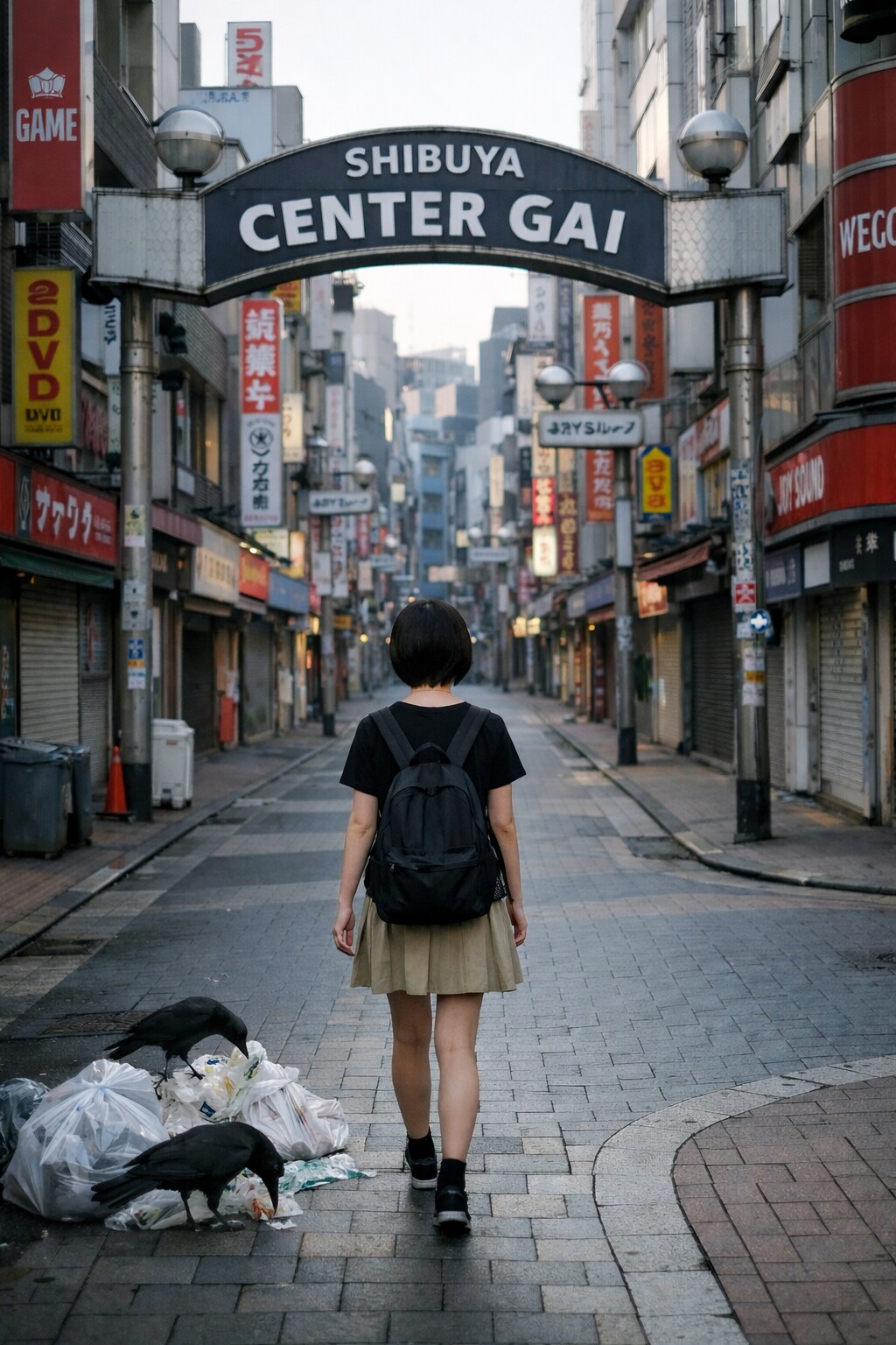 早朝の繁華街のカラス