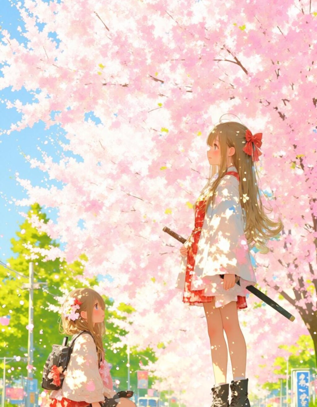 満開の葉桜の下で