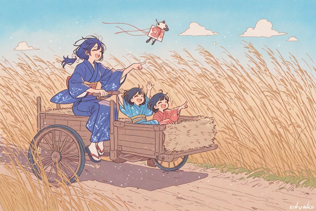 【時代劇風】凧揚げ＋乳母車＋親子