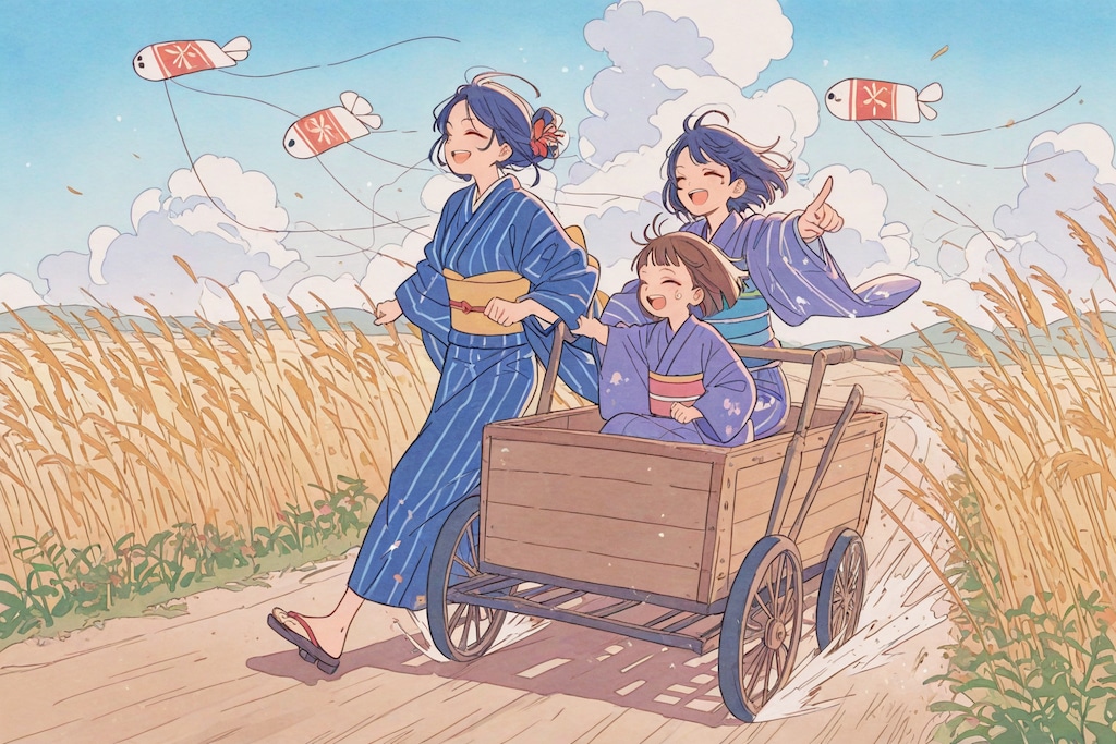 【時代劇風】凧揚げ＋乳母車＋親子