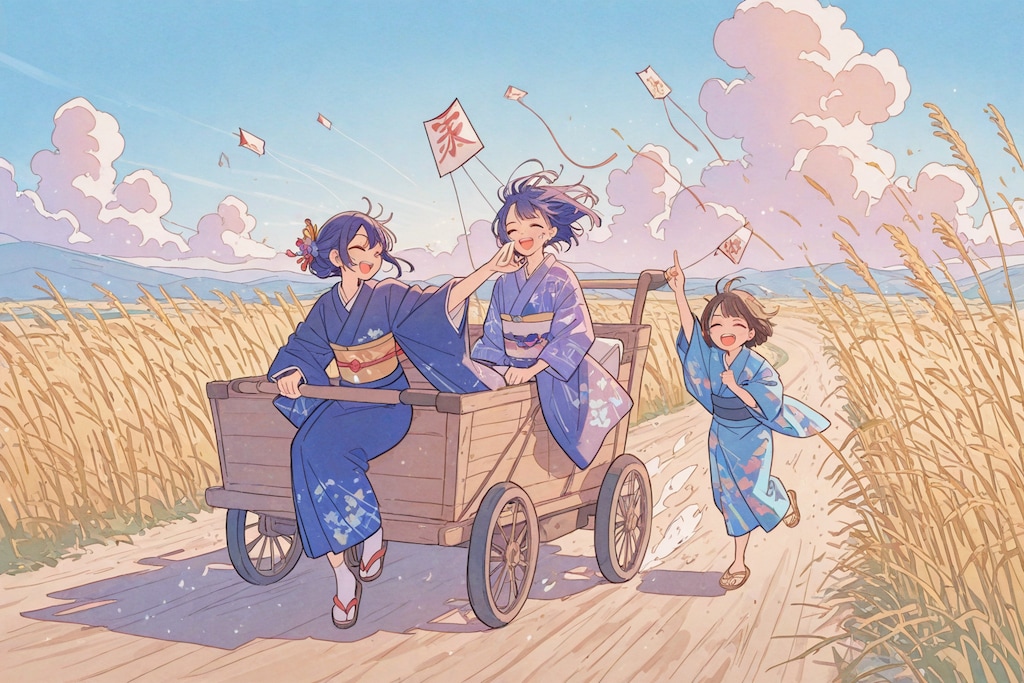 【時代劇風】凧揚げ＋乳母車＋親子