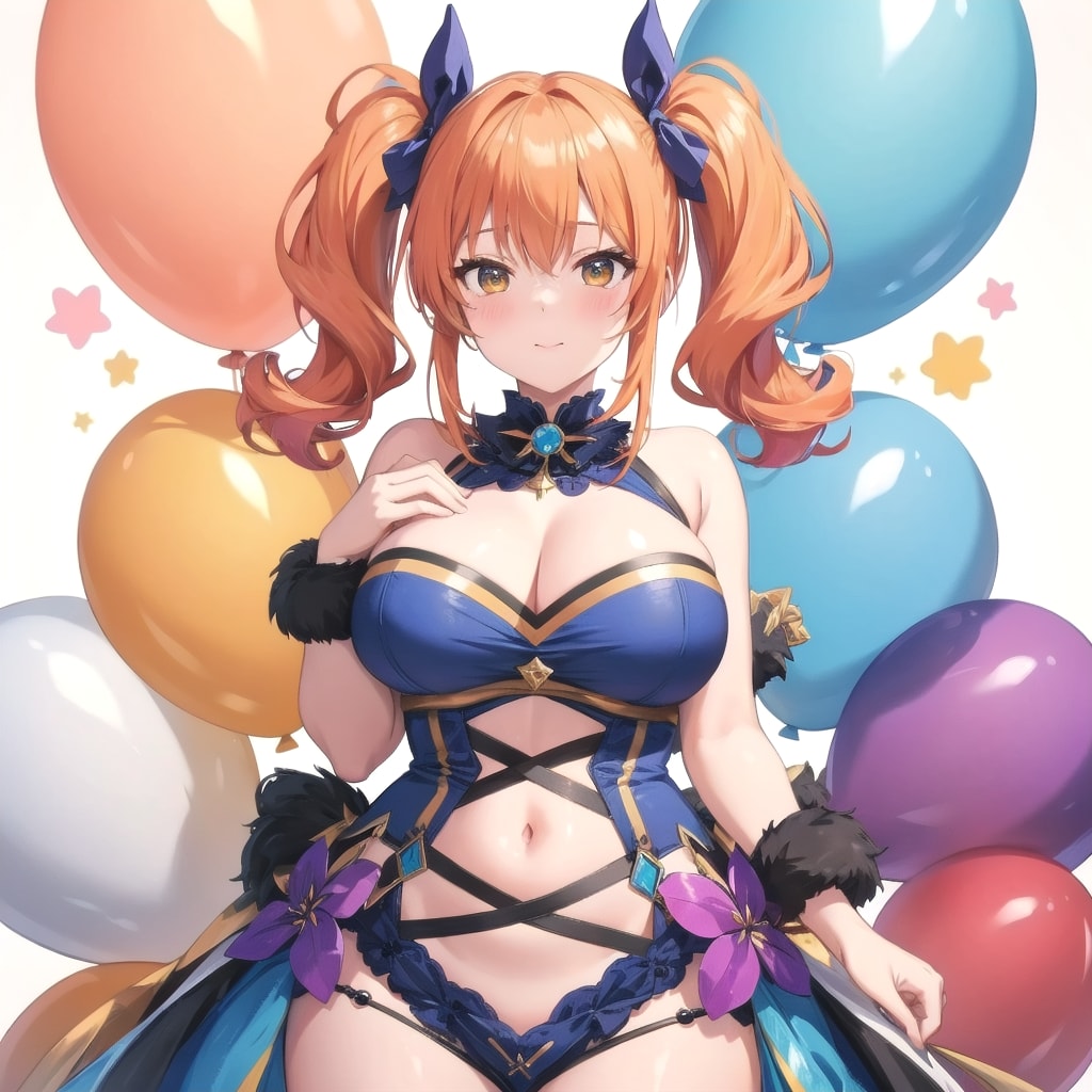 いっぱい色とりどりの風船を持つオレンジ髪ツインテールのアイドル衣装着た美女