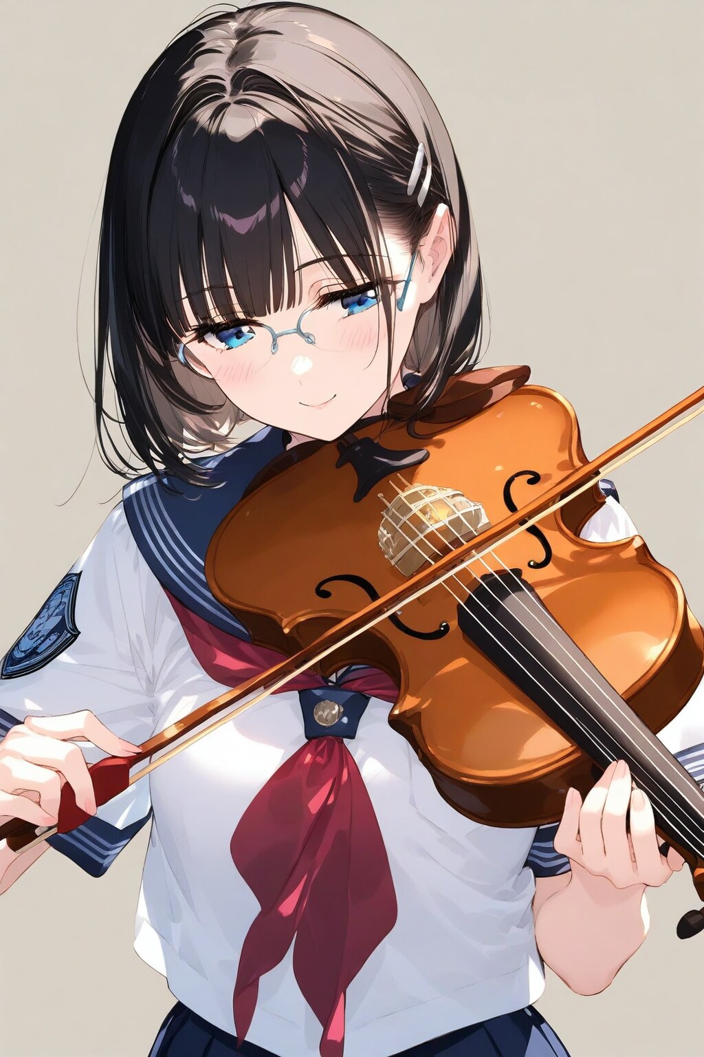 エンブレム付きセーラー服のメガネちゃん👓🎻✨