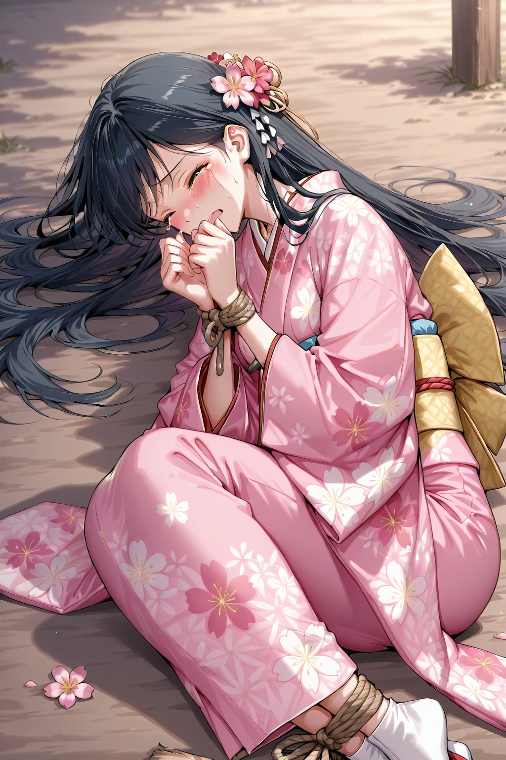 ピンク色の振袖を着て四肢拘束された美少女