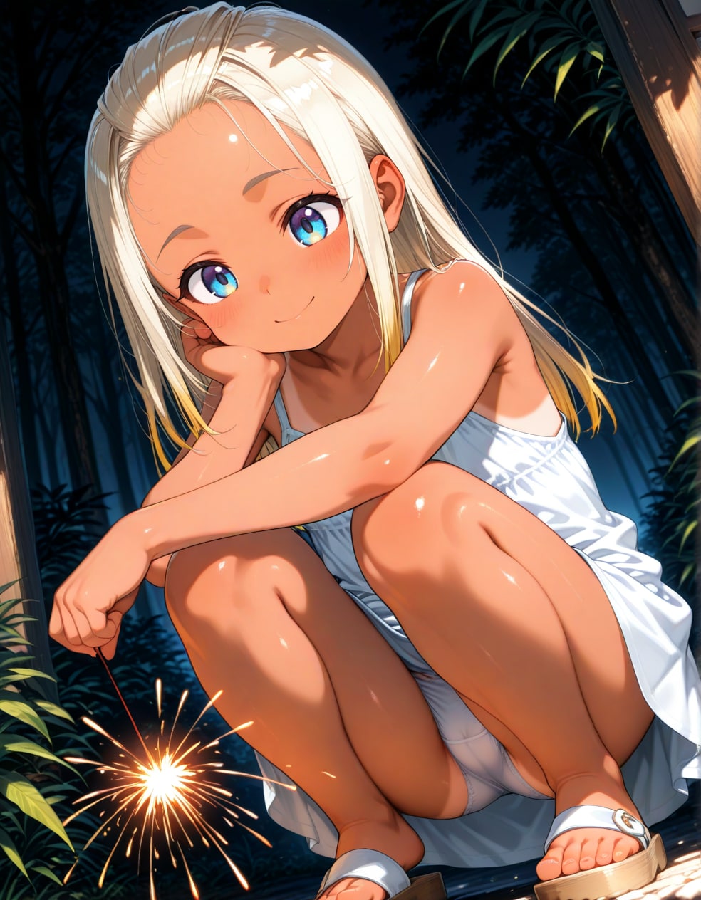 線香花火と日焼け少女