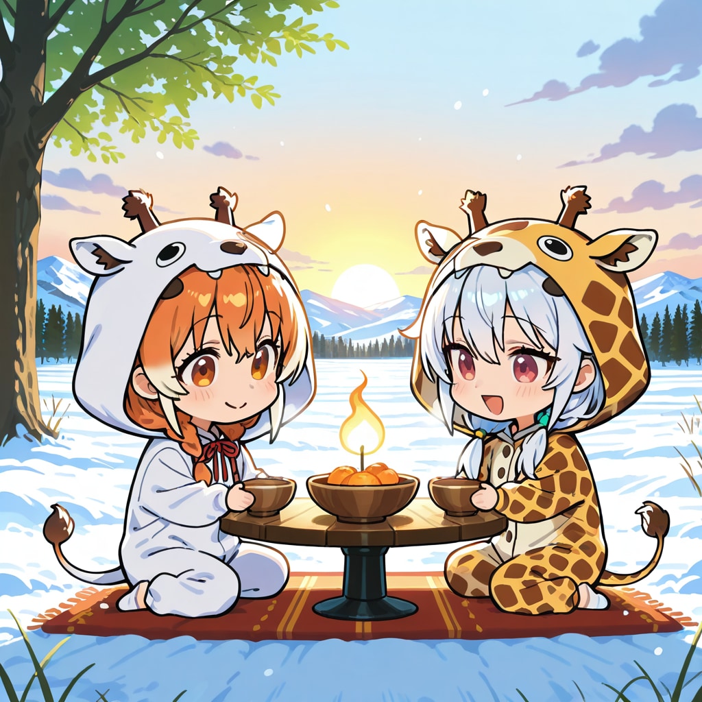 草原の遊牧民の春を招くお祝いを真似するキリン着ぐるみちび子ちゃん