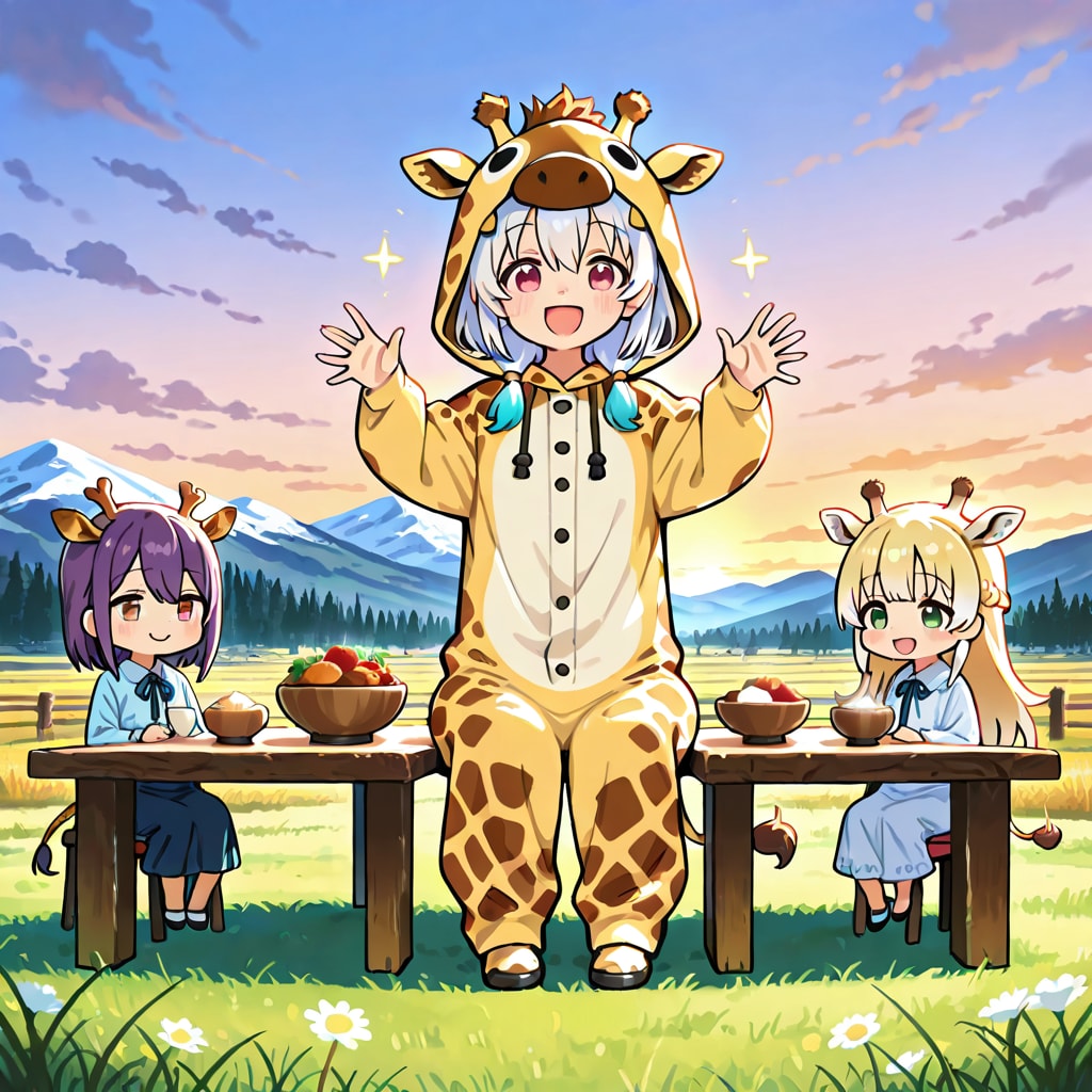 草原の遊牧民の春を招くお祝いを真似するキリン着ぐるみちび子ちゃん