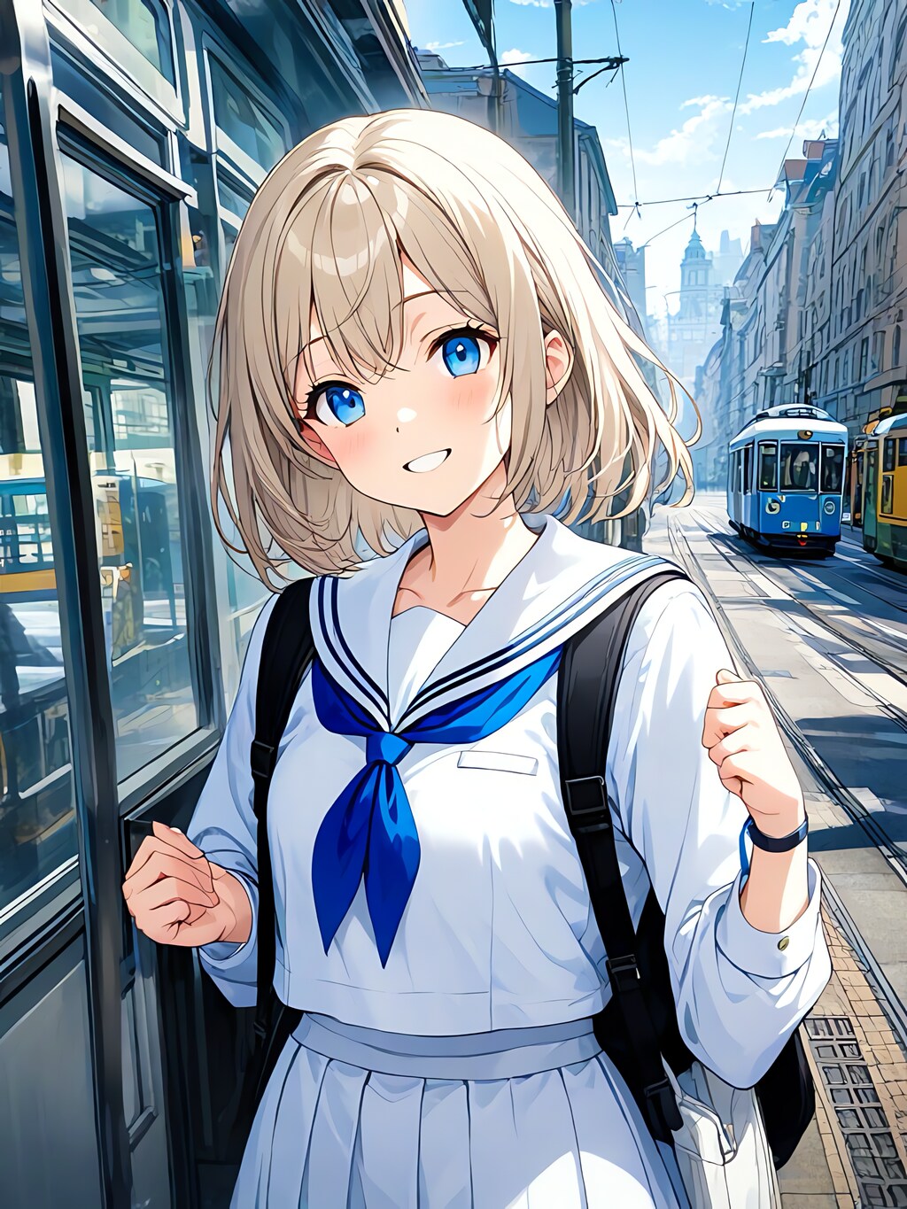 路面電車と女子学生