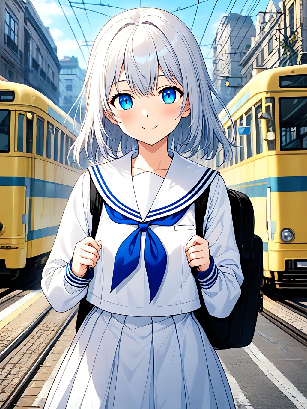 路面電車と女子学生