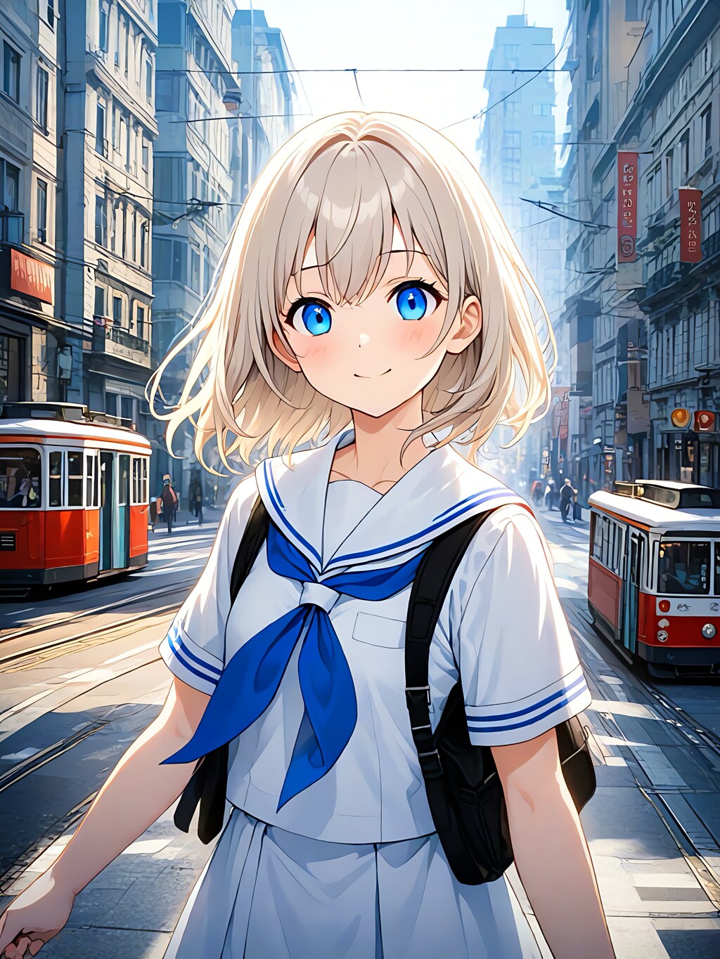 路面電車と女子学生