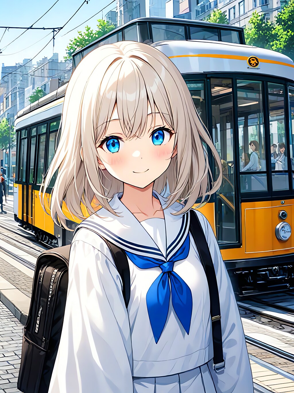 路面電車と女子学生