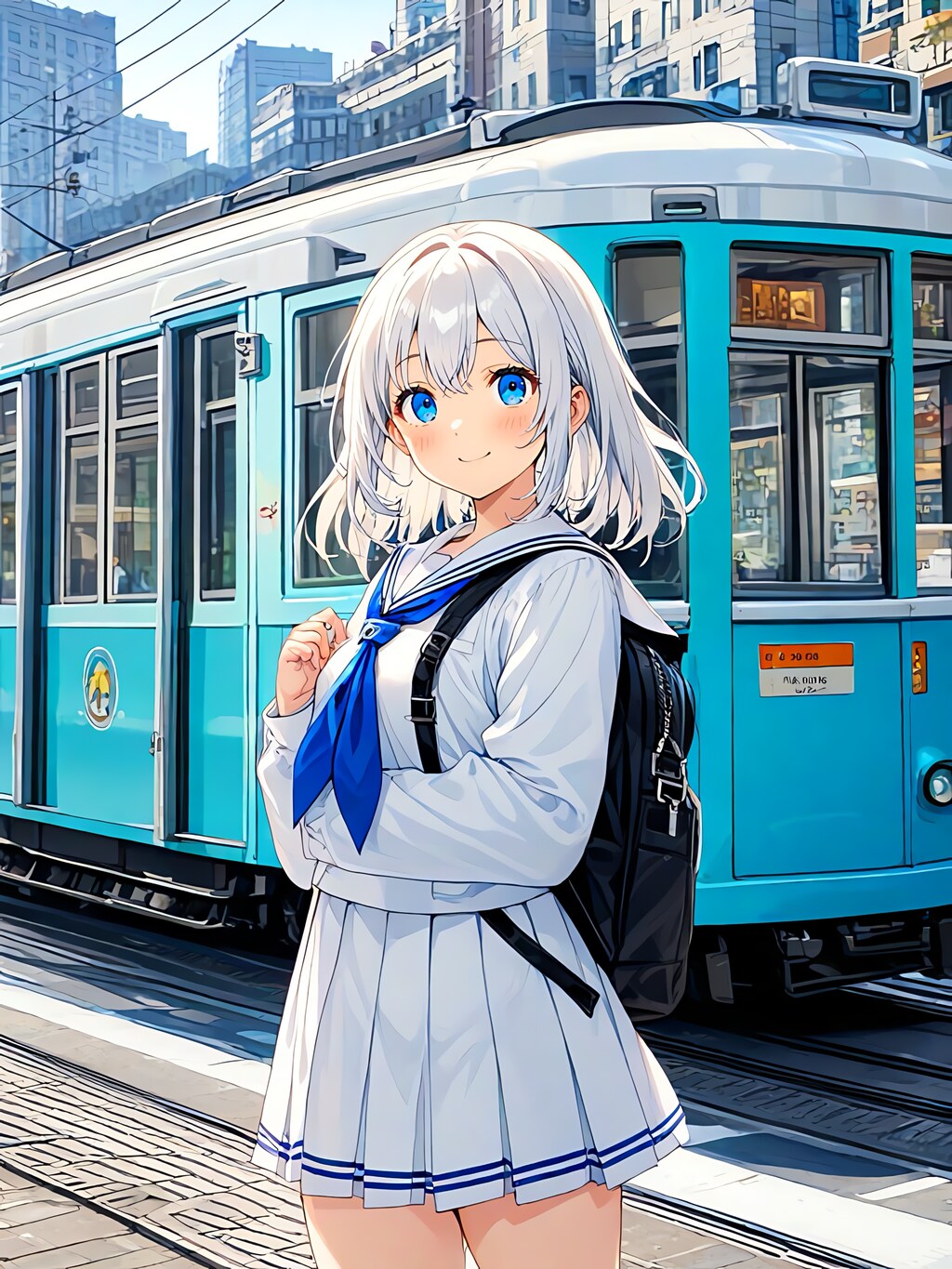 路面電車と女子学生