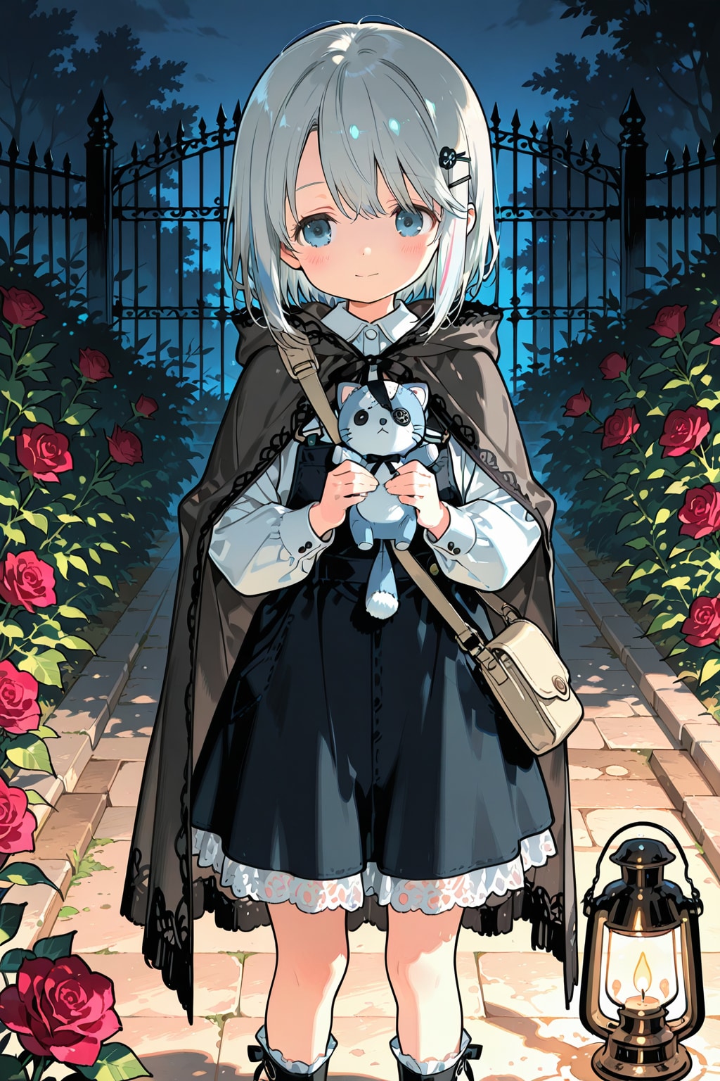 影の縁で、ぬいぐるみを抱いて