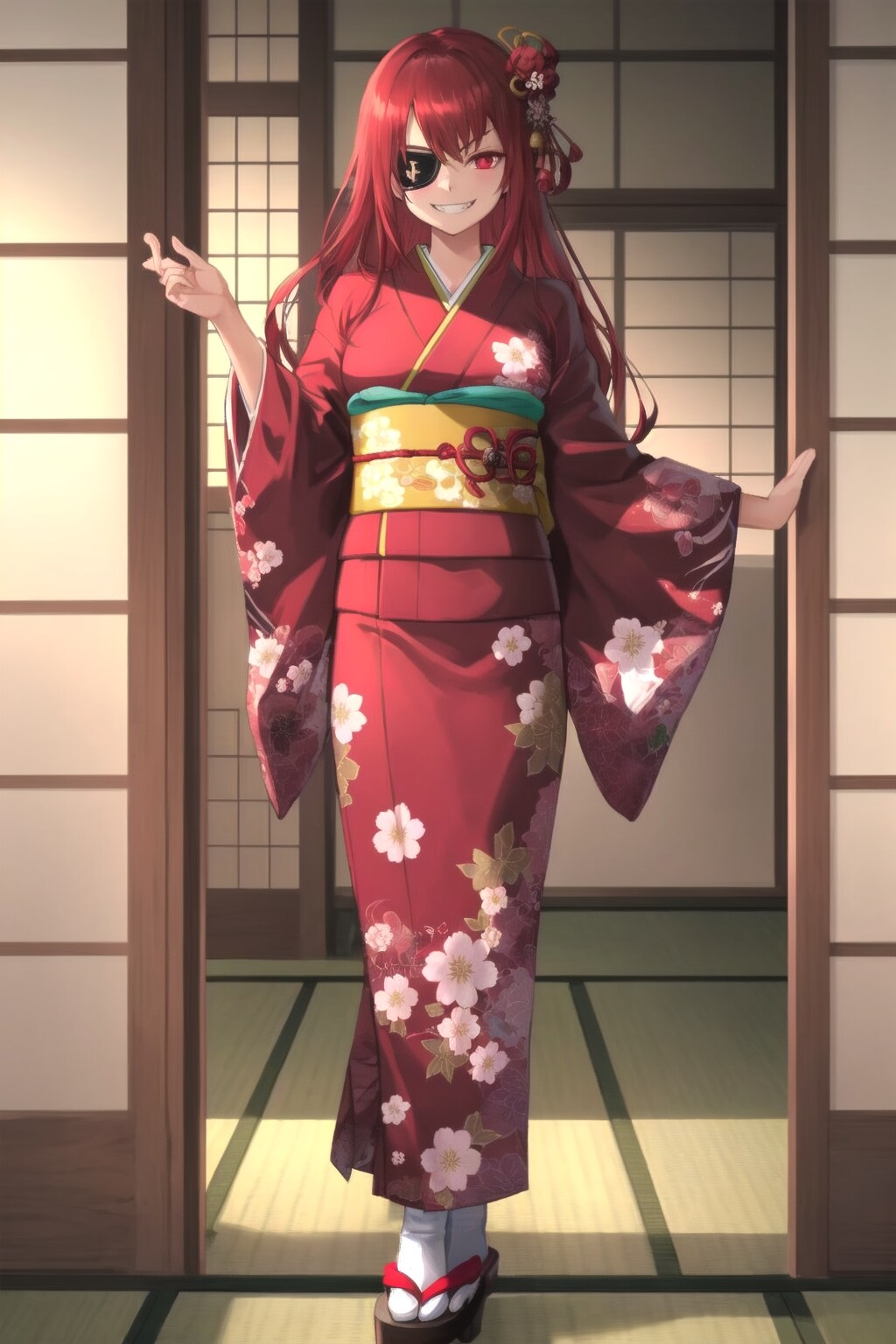 鬼眼の赤髪ロング女性