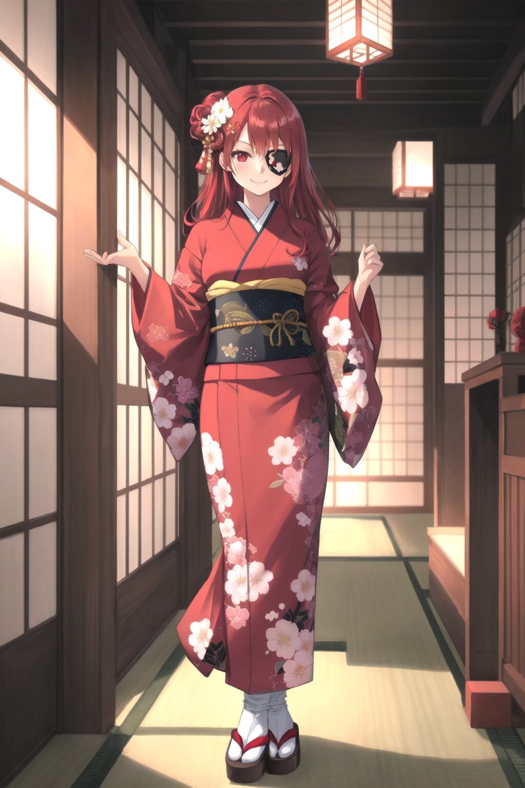 鬼眼の赤髪ロング女性