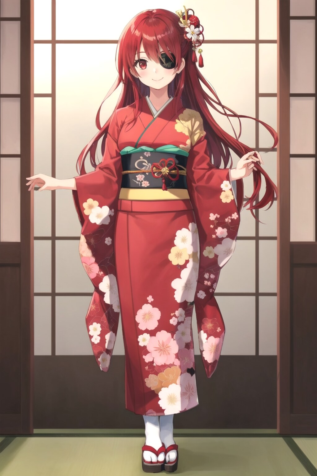 鬼眼の赤髪ロング女性